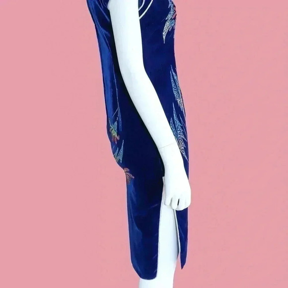 Vintage Electric Blue Floral Cheongsam Pencil Dress Size Small spring easter - Picture 3 of 6